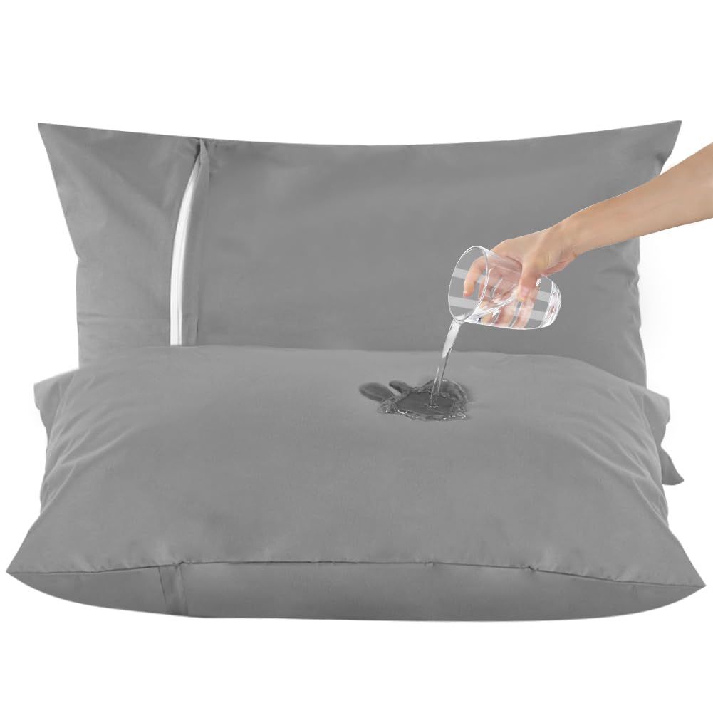 DUJUIKE Waterproof Zippered Pillow Protectors Pack of 2, Waterproof Pillow Protectors, Super Soft, Breathable, Noiseless (Grey, 40 x 80 cm (2 Pack))