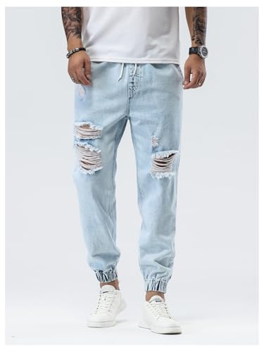 OYOANGLE Men's Ripped Jogger Jeans Drawstring Waist Distressed Denim Pants with Pocket3
