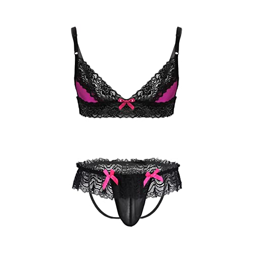 Men's Sissy Lingerie Set Satin Lace Trim Bra Tops with G-String Thong Crossdress Underwear