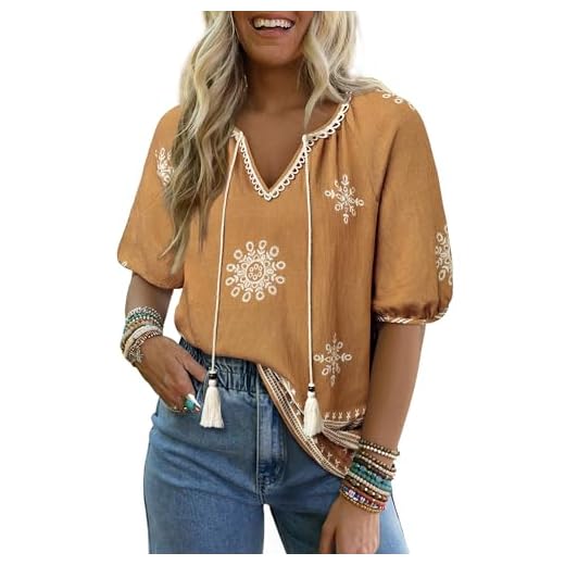 Vivilli Boho Blouses for Women, Beach Vacation Clothes for Women Summer Outfits Casual Tops V Neck Flowy Short Sleeve Cute Loose Fit Western Plus Size Babydoll Tops Trendy Women's Clothing Brown XL