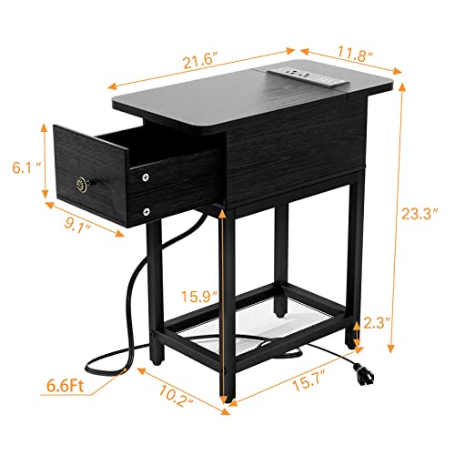 Yenlure End Table With Charging Station, Narrow Nightstand With Usb Ports & Outlets, End Tables For Small Space, Bedsides Table With Wooden Drawer And Storage Shelf For Living Room/Bedroom, Black #TOP2