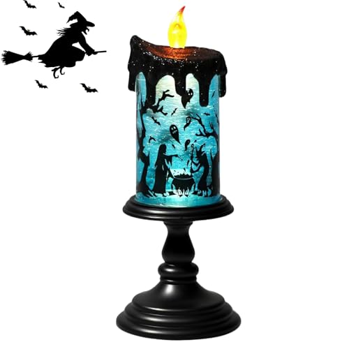 Image of Halloween Flameless Candle Battery Operated with 6 Hour Timer, Blue Lights Witch Decals Tornado Lamp LED Candle Halloween Indoor Decor 4 x 10 Inches