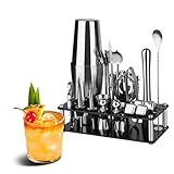 Farafox Cocktail Shaker Set Bartender Kit,23 PCS Boston Bar Tool Set with Acrylic Stand, Professional Bar Tools for Drink Mixing, Home, Bar, Party (Include 4 Whiskey Stones)