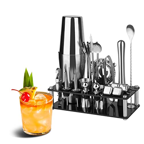 Farafox Cocktail Shaker Set Bartender Kit,23 PCS Boston Bar Tool Set with Acrylic Stand, Professional Bar Tools for Drink Mixing, Home, Bar, Party (Include 4 Whiskey Stones)