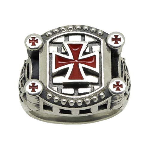 Handmade Knight Templar Masonic Cross Ring Shield & Sword 925 Sterling Silver Red Enamel KTR024