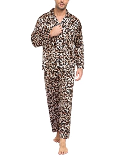 Image of SWOMOG Mens Silk Satin Pajamas Set Long Sleeve Sleepwear Button-Down Pj Two-piece Loungewear with Long Pants S-XXL