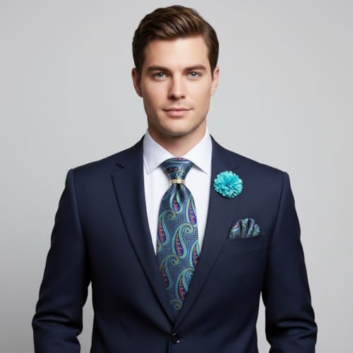 Image of 5PCS Mens Premium Silk Tie, Pocket Square, Cufflinks, Drilled Tie Ring and Lapel Pin Set for Wedding Groom Party