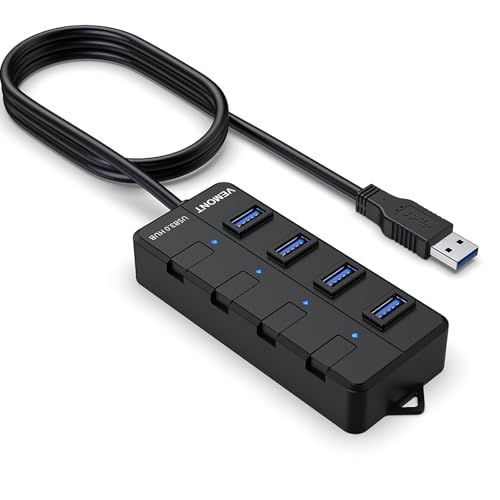 VEMONT USB 3.0 Hub, 4-Port USB Hub Splitter mit verlängertem 1.2m Kabel, Datenhub mit einzelnen LED Power Schalter für Apple MacBook Air/Pro/Mac mini/iMac/MacPro/Windows Laptops und Ultrabooks