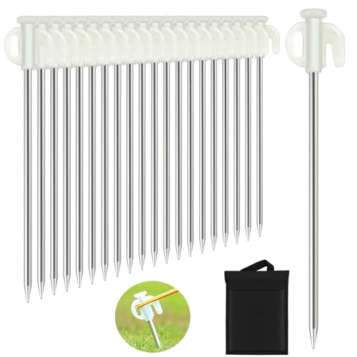 KOMCLUB 20PCS Tent Stakes Heavy Duty Tent Pegs Metal Tent Pegs Canopy Stakes Ground Stakes Spike Steaks for Outdoor Camping Tents Garden Canopies Grassland with Storage Bag