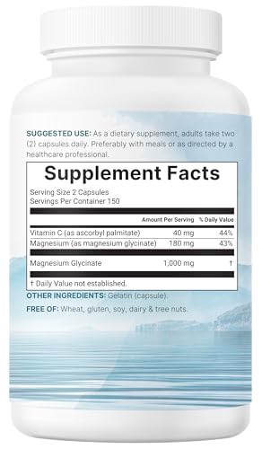 Image of Pure Magnesium Glycinate 1,000mg, 300 Capsules | 100% Chelated for Max Absorption | Enhanced with Vitamin C | Only Uses Active Ingredients