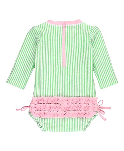 Image of RuffleButts Baby-Girls Seersucker Long Sleeve Rash Guard - One Piece Swimsuit UPF 50+ Toddler
