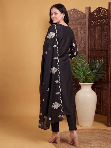 Image of INDO ERA Women's Black Silk Blend Embroidered Mirror Work Kurta & Pant with Dupatta Set (IEDDAI484)
