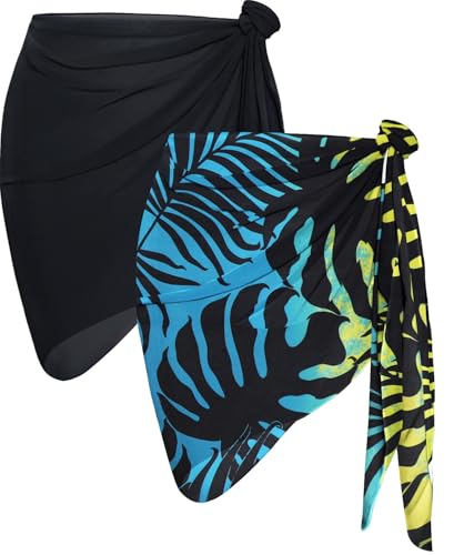 CHICGAL 2 piezas de pareo de playa para mujer, falda envolvente, traje de baño transparente para traje de baño, Hoja azul negra y amarilla, Talla única