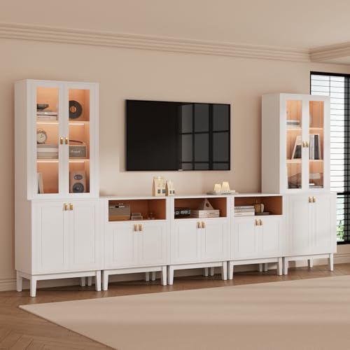 VOWNER Meuble TV Bibliotheque avec LED, 300 cm Grand Meuble Télé avec Portes en Verre pour TV jusqu'à 75 Pouces, Meuble TV Set, Buffet pour Salon, Cuisine,...