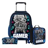 Kit Mochila de Rodinha Escolar Masculino Infantil Menino + Lancheira + Estojo Grande Gamer