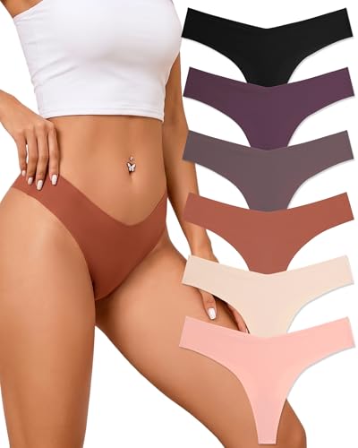 FINETOO Seamless Thongs for Women Sexy No Show Panties Invisible V-waisted Stretch Lingerie Underwear 6 Pack