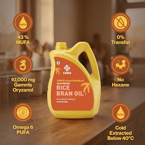 Image of Zama Organics Cold Pressed Rice Bran Oil 5L PET Bottle | Cooking Oil for Deep Frying & Stir Fry | Oryzanol Rich Oil | High Smoke Point | Light & Neutral Taste | Daily Use Edible Oil