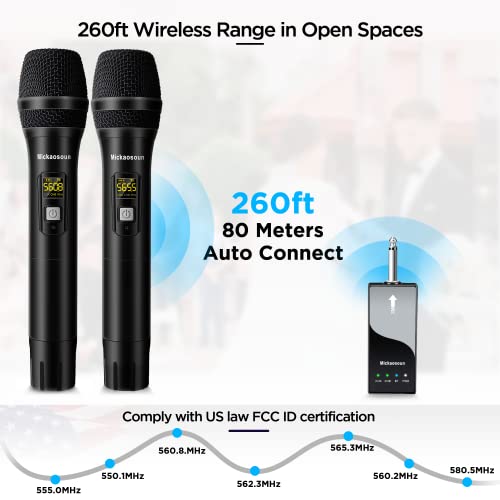 Wireless Microphone, Uhf Dual Metal Handheld Cordless Dynamic Karaoke Mic System With 1/4'' Output Rechargeable Receiver, Plugd＆Play, For Karaoke, Party, Singing, Wedding, Church, Speech, Dj(260Ft) #TOP1