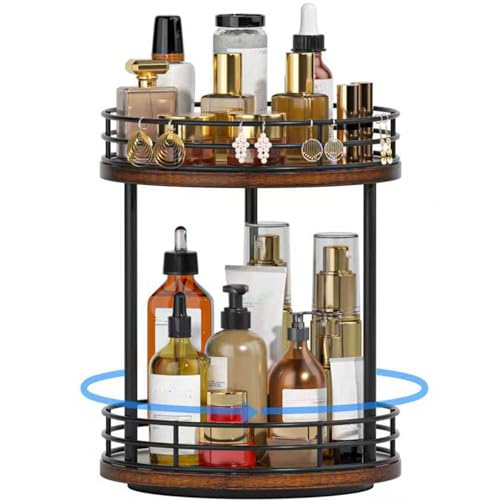 2-Tier Rotating Bathroom Countertop Organizer Wooden Makeup Vanity Storage Multifunctional Lazy Susan Turntable for Skincare Perfume and Cosmetics (Brown)