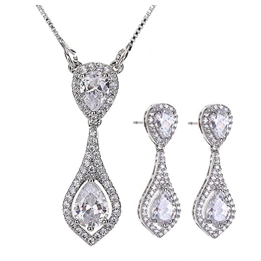 AMYJANE Wedding Jewelry Set for Bride - Elegant Sterling Silver Bridal Elegant White Crystal Cubic Zirconia Teardrop Pendant Necklace Earrings Set for Teen Girls Bridesmaids Wedding …