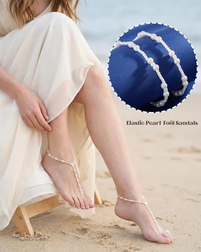 Image of Yalice 2Pcs Layered Pearl Barefoot Sandals Elastic Beaded Foot Chain with Toe Ring Bridal Beach Wedding Foot Jewelry for Women