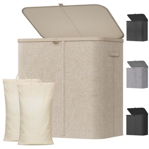 Lifewit 145L Laundry Basket with Lid, Double Washing Basket with Handles and Bag, Large Foldable Dirty Clothes Organiser with Plastic Frame for Laundry Room, Bedroom, Bathroom, Beige