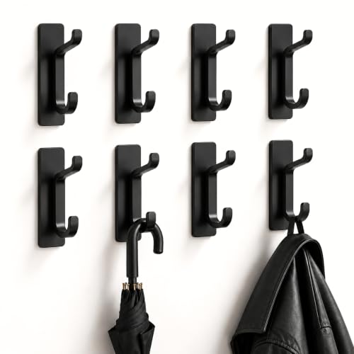 Ganchos de pared adhesivos, sin agujeros, de acero inoxidable, Soporta hasta 6 Kg, Apto para baño, baño, cocina, oficina, Color Negro, Contiene 8 unidades