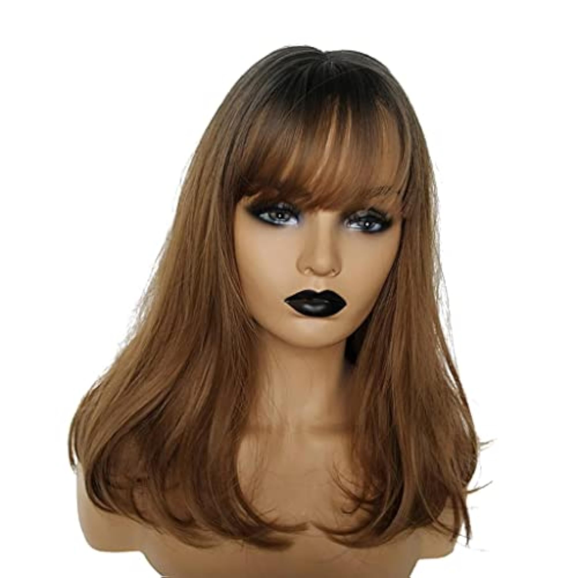 Brown Long Straight Wig with Bangs, 16 Inch