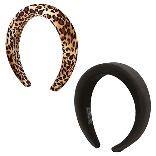 Folora 2pcs Padded Velvet Headbands Fashion Thick Velvet 90s Hair Accessories Wide Headband for Woman and Girls (Black, Leopard)