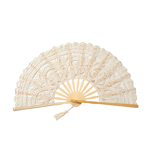 Yurosiay Abanico de encaje con flores bordadas abanico plegable de bambú con encaje hecho a mano vintage abanico de boda abanico de novia abanico de encaje para bodas fiestas beige