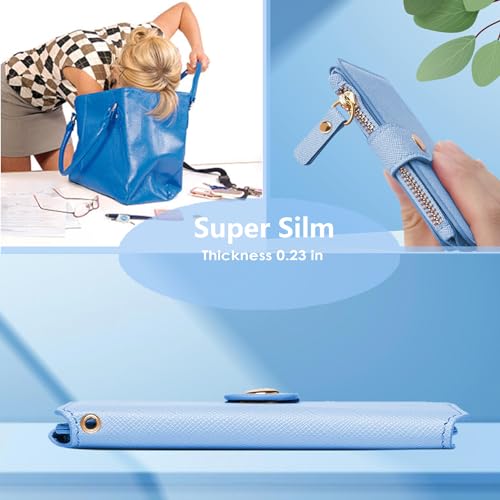 M-Plateau Wallet, Womens Wallet Leather Keychain Wallet With Zipper Coin Pocket ID Window Wrist Strap Gift Box (Sky Blue)3