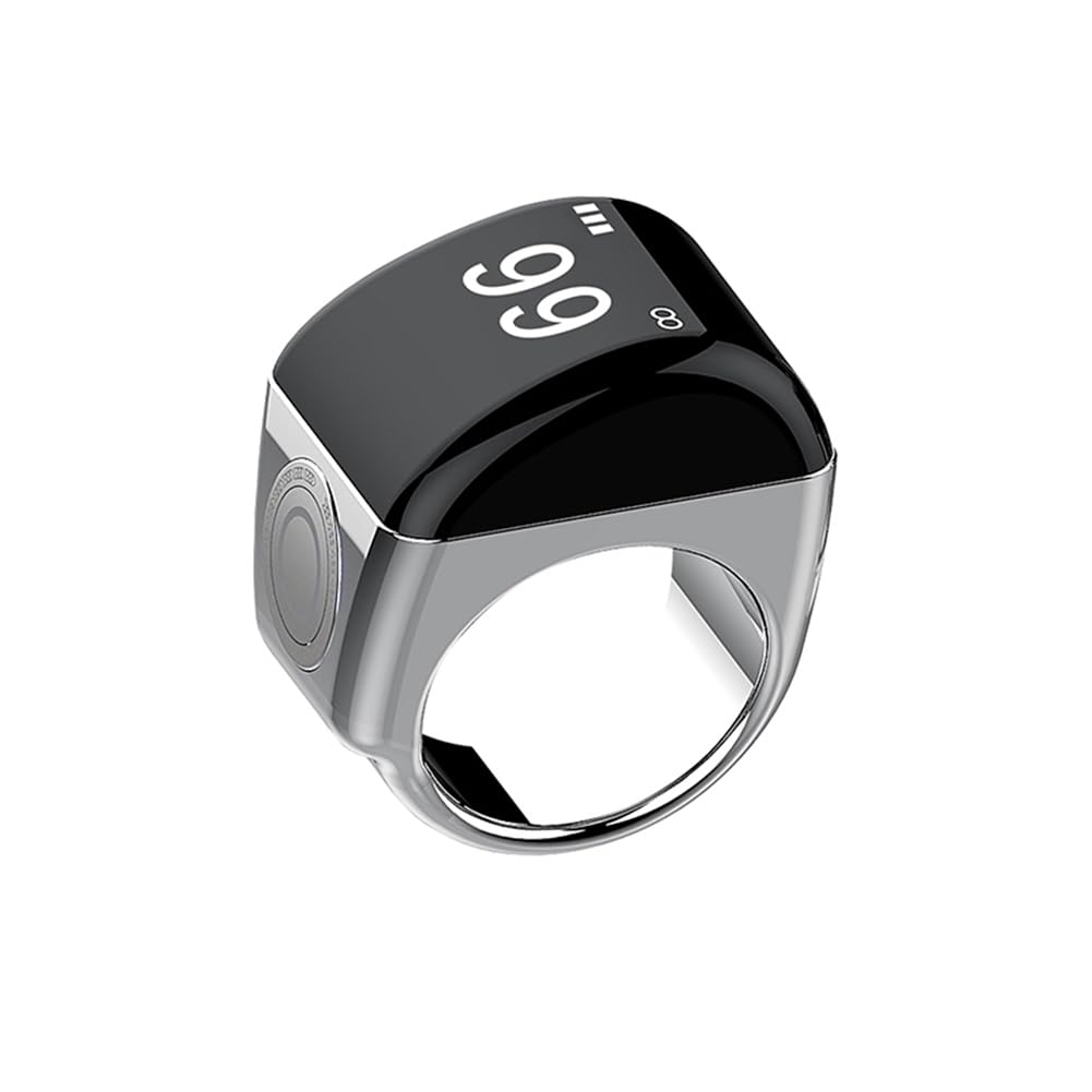 Bloepum Zinc Alloy Smart Ring with Charging Box Waterproof Digital Counter APP Controlled Display 5 Prayer Time Reminders Silver,18mm