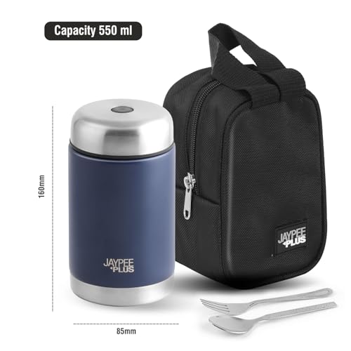 Image of Jaypee Plus Nutri Jar Stainless Steel Vacuum Insulated Food Jar With Bag & Spoon|Hot And Cold Thermal Flask|Double Walled Scratch Resistant Ideal for Office, School, Gym & Travelling | 550 ml, Blue