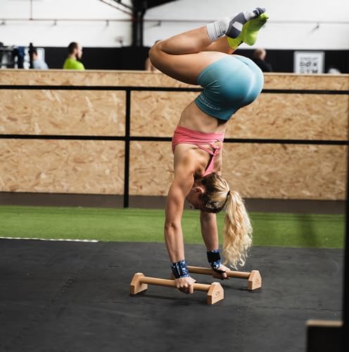 Image of CALI SPORTS Calisthenics Wood Parallettes Bars | Push Up Bar That Will Not Slip or Wobble | Wrist Wraps Included (Long)