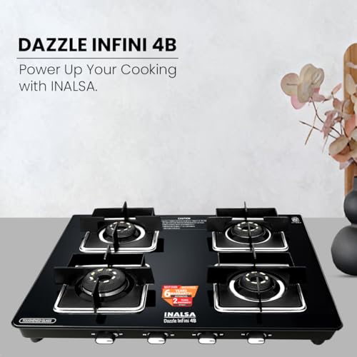 INALSA Premium Slim Gas Stove 4 burners Glasstop ≈77cm|6Yr Warranty on Glass & 2Yr on Burner|8mm Toughened Glass|Commercial Brass Burner|LPG... - Image 4