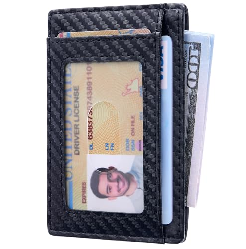 Image of Travelambo Slim Wallet Front Pocket Minimalist Leather RFID Blocking Medium Size (Carbon Fiber Black)