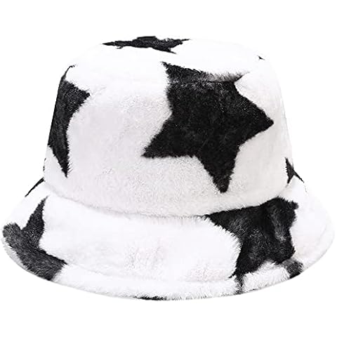 Xinveen Plush Winter Bucket Hat for Women Fisherman Cap with Star Pattern White Cover