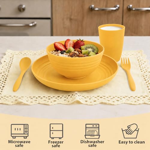 Image of 20 Piece Wheat Straw Dinnerware Sets for 4, Unbreakable Dish Set,Reuseable Kids Plates and Bowls Sets for 4, Lightweight Kitchen Dishware Set for Camping, Picnic, and Famliy Meal - Yellow
