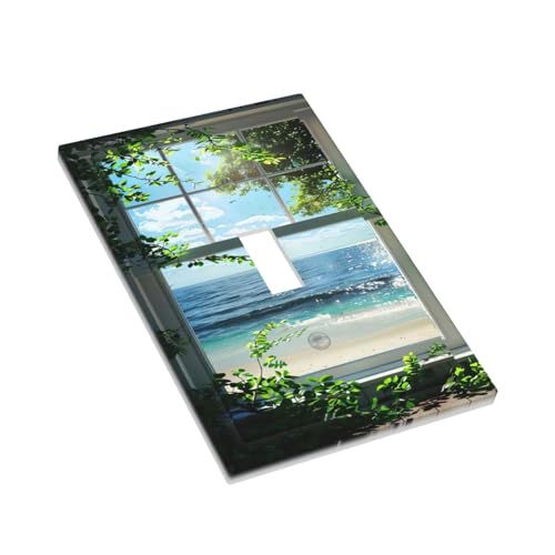 Decorative Switch Covers Plate Window Beach Seascape View Green Leaves 1 Gang Wall Plate Oversized Single Toggle Wall Cover Plate Jumbo Electrical Light Switch Plate Faceplate