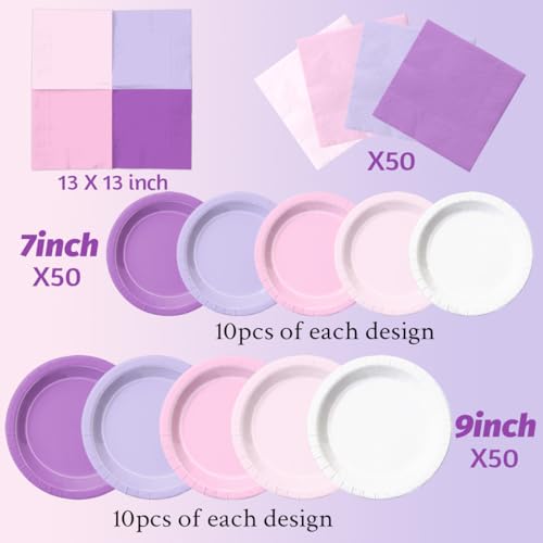Image of CMUSKO Pink and Purple Decorations-150Pcs Light Purple Pink Plates and Napkins Serves 50,Lavender Tableware Birthday,Birthday,Wedding