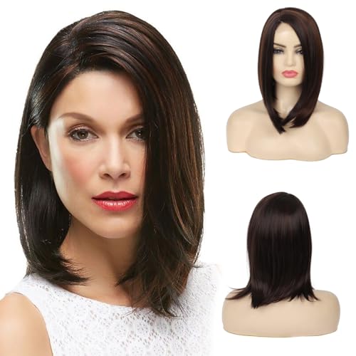 Short Brown Wig for Women Side Part Straight Small Lace Synthetic Hair Brown Highlight Cosplay Costume Wigs -Shoulder Length