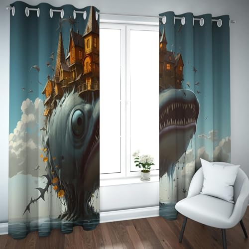 PARREN Maravillosas Cortinas Opacas fantasía para el Dormitorio decoración habitación Granja el pez Aterrador y Las Cortinas Ventana con Aislamiento térmico casa isW140xL260cm 2 Paneles