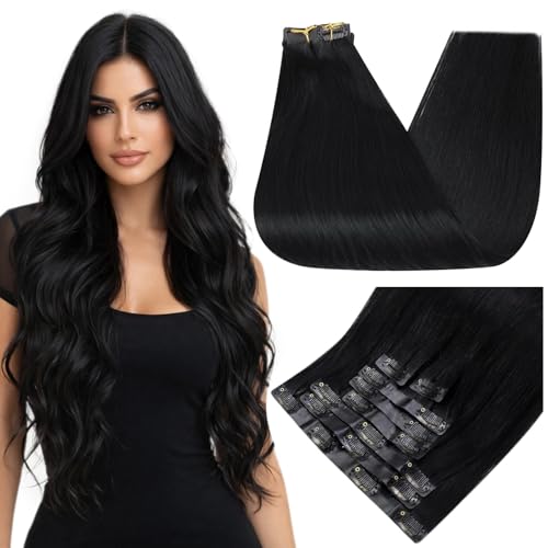 Image of Full Shine Seamless Clip in Hair Extensions Real Human Hair, Black 22 Inch | Invisible Soft Weft, Jet Black Remy Hair Extensions Clip in, Breathable Voluminous Hair for Summer, 120g 8Pcs