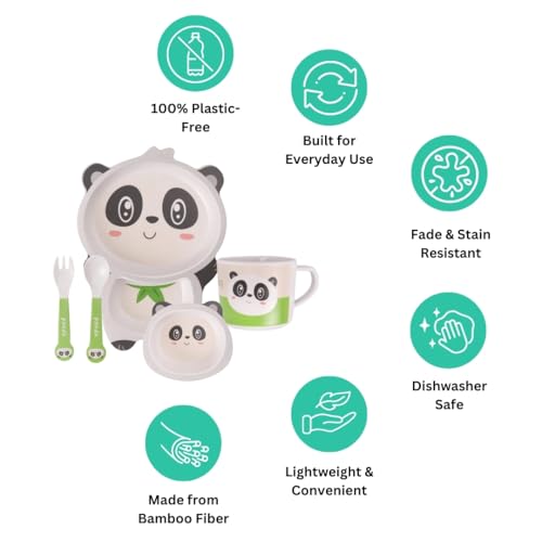 Image of Bamboo Kids Feeding Set of 5 | Made of Bamboo | Kids Crockery Set Tableware |Baby Utensils and Dishes Set | Eco-Friendly |Organic & Natural (Playful Panda)