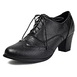  Lizoleor Classique Bout Rond Cross Strap Brogue Femme Escarpin Lacets Carved Ruffles Oxford British Style École Chaussures Noir Taille 37 EU/38Cn