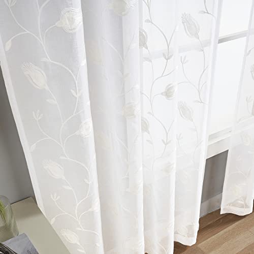 Image of Sheer Curtains White 95 Inches Embroidered Floral, Window Treatments Rod Pocket Drapes for Living room, Bedroom, Semi Crinkle Voile Curtain Panels for Yard, Patio, Villa, Parlor, Set of 2, 52 inchx 95 inch.