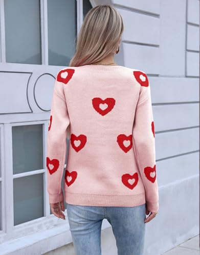 Image of Womens Cute Heart Sweater Crew Neck Long Sleeve Pullover Valentines Sweater