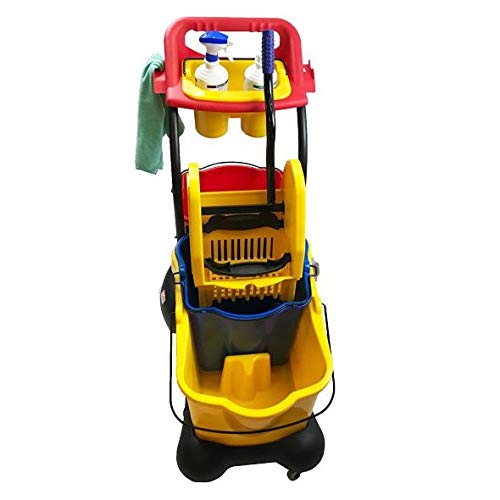 Carro de fregado completo profesional CLIM Compact. Sistema de cubo con prensa, doble cubeta auxiliar, cestillo para accesorios, barra y ruedas de transporte. Clim Profesional®