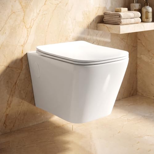WASSMIST Wall Hung Commode for Bathroom | Western Toilet with Dual Flush | Wall Mounted Ceramic WC with Soft Close Seat Cover Deal