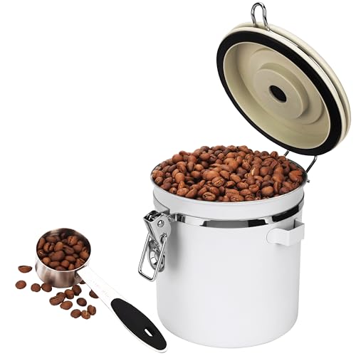 BELLE VOUS Bote para Cafe Blanco - Recipiente Hermetico de 1,4 l para Granos de Café - Tarros con Indicador de Fechas Dosificador y Válvula de CO2 - Botes para Almacenaje de Cocina